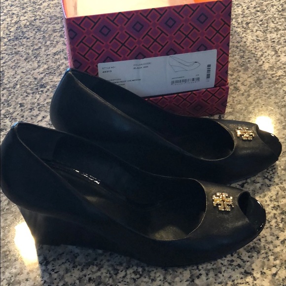 Tory Burch Shoes - Tory Burch Jolie PeepToe Wedge Black Nappa Leather